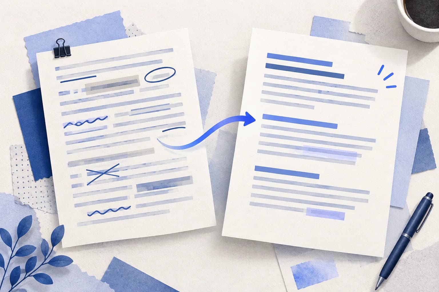 Documentos antes e depois com marcas de revisão